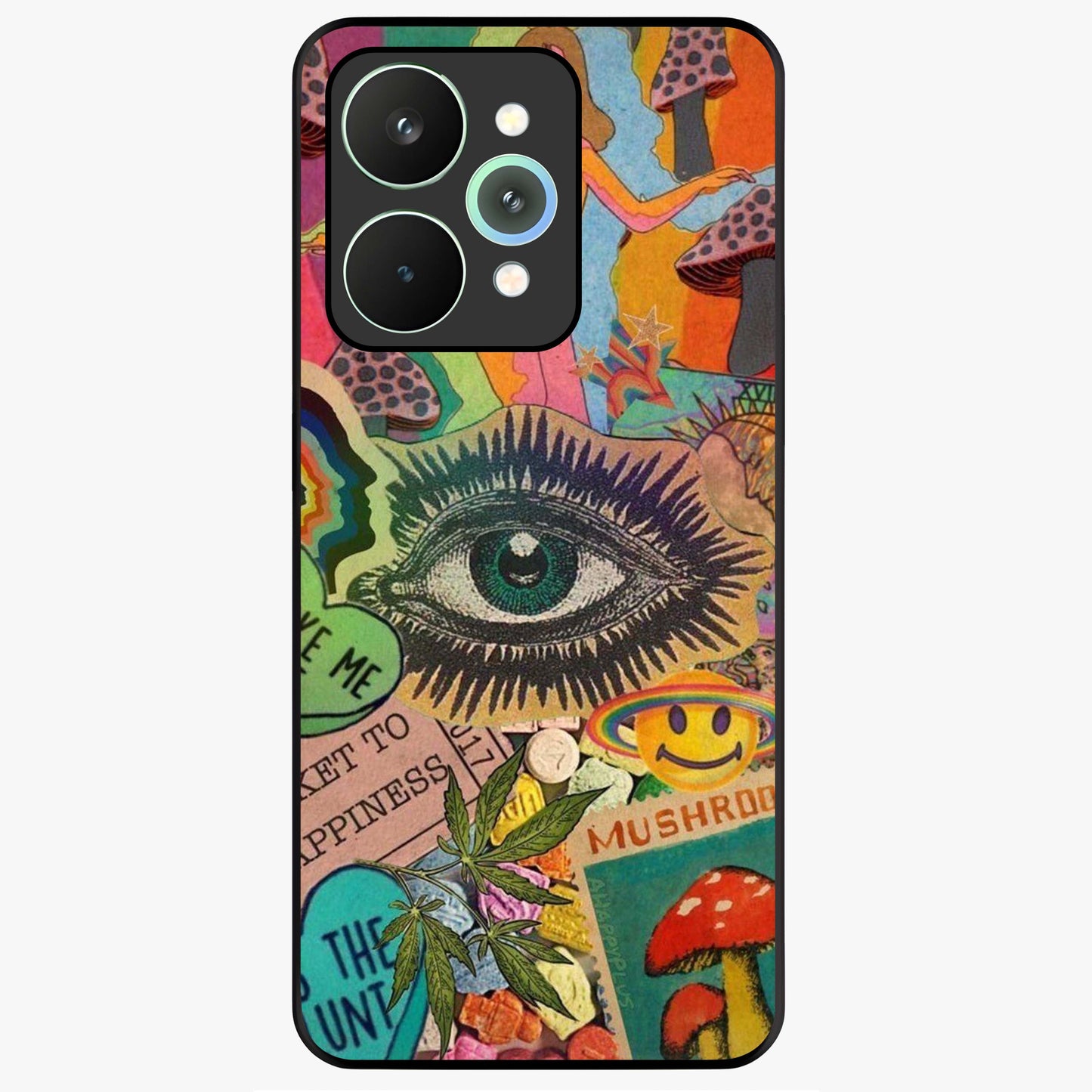 Mystic Eye Wonderland Glass Case showing flat back view with mystical eye themed artwork and glossy glass finish.