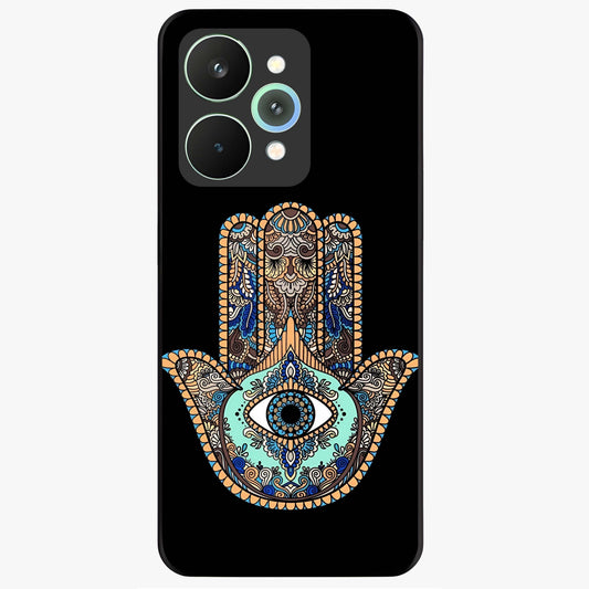 Mystic Hamsa Eye Glass Case showing flat back view with protective hamsa hand and evil eye artwork and glossy glass finish.