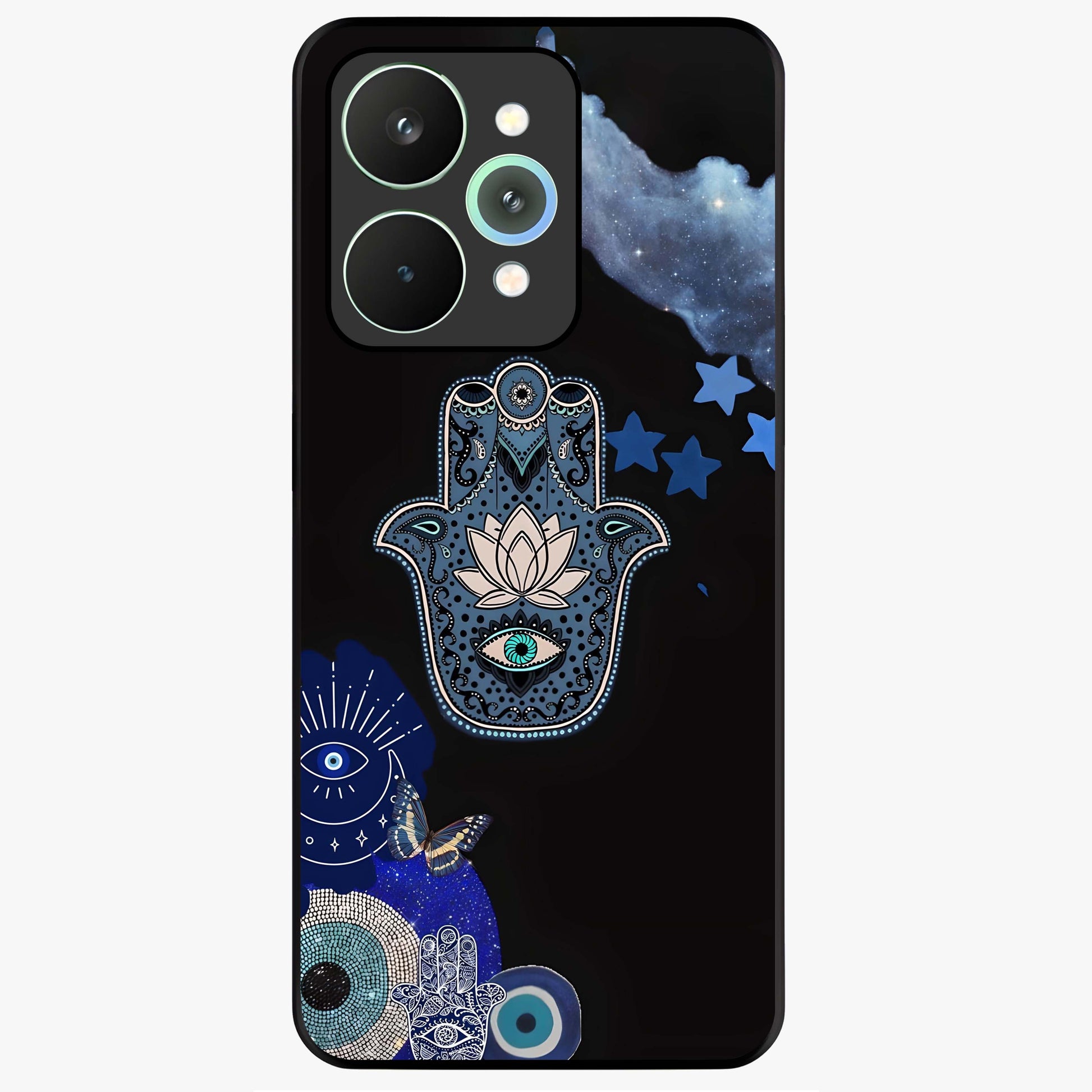 Mystic Hand Aura Glass Case showing flat back view with mystical hand symbol artwork and glossy glass finish.