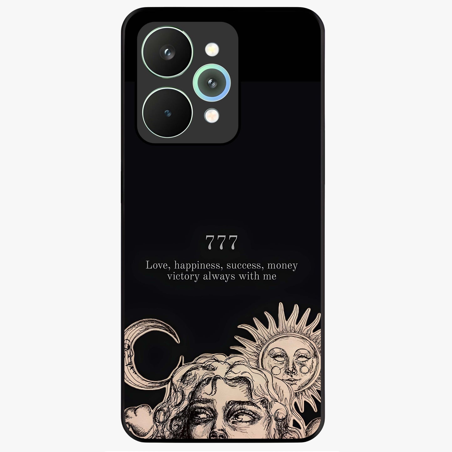Mystic Victory Aura Glass Case showing flat back view with victory symbol artwork and glossy glass finish.