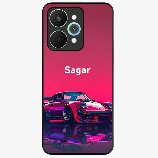 Neon Pink Porsche Glass Case showing flat back view with stylish sports car artwork and glossy glass finish.