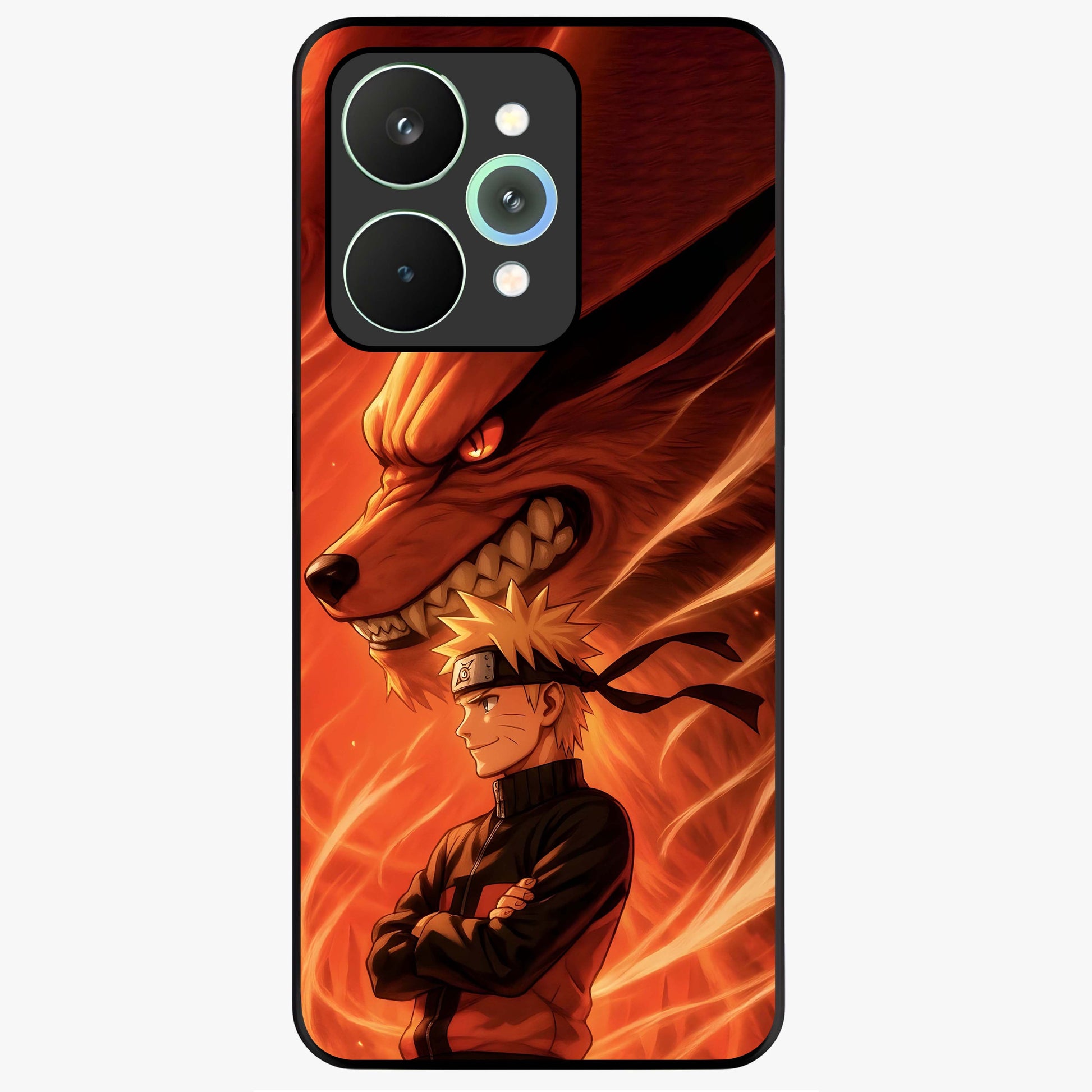 Nine Tails Legacy Glass Case showing flat back view with powerful nine-tailed fox inspired artwork and glossy glass finish.
