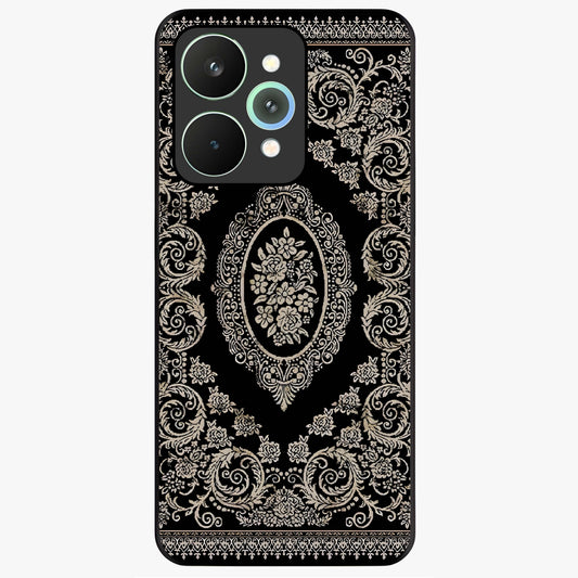 Noir Bloom Elegance Glass Case showing flat back view with elegant dark floral artwork and glossy glass finish.