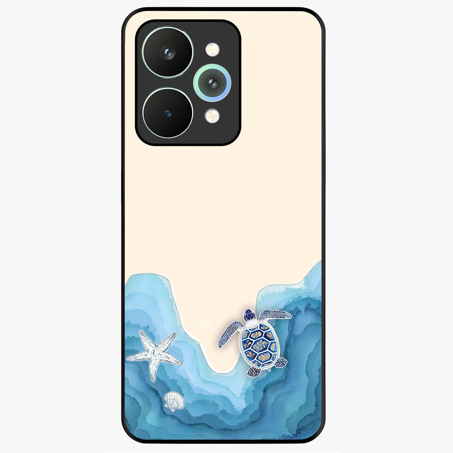Ocean Drift Turtle Glass Case showing flat back view with sea turtle artwork and glossy glass finish.