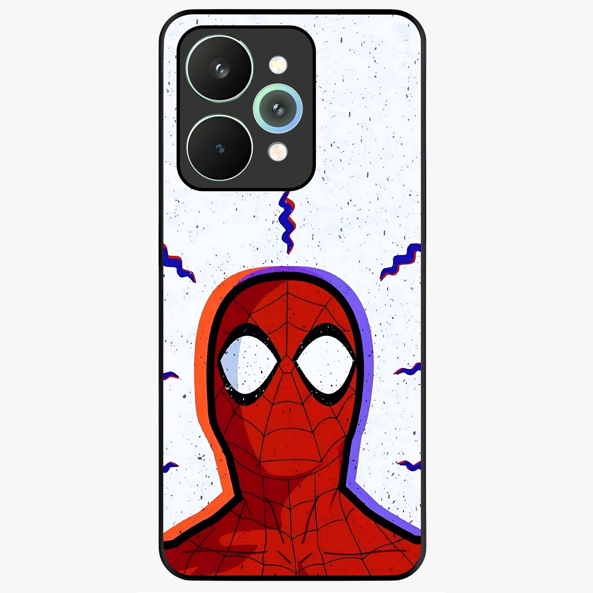 Omg Spiderman Glass Case showing flat back view with bold superhero inspired artwork and glossy glass finish.
