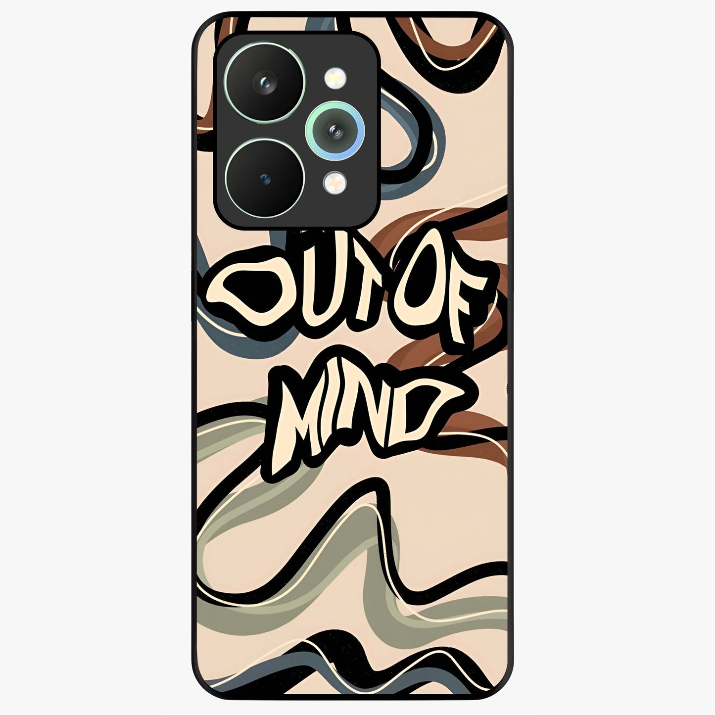 Out Of Mind Glass Case showing flat back view with expressive typography artwork and glossy glass finish.