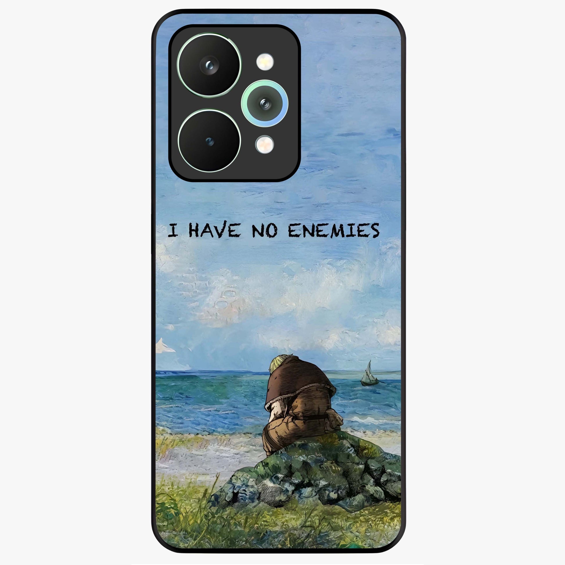 Peace Beyond War Glass Case showing flat back view with symbolic peace themed artwork and glossy glass finish.