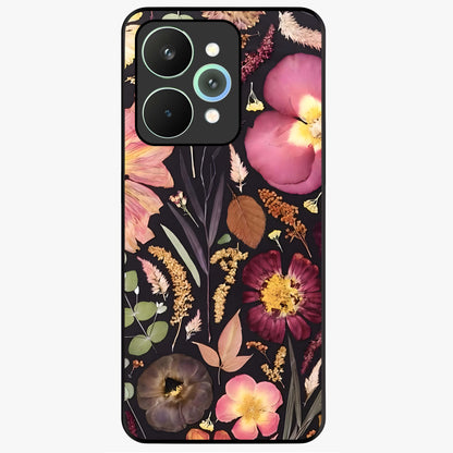 Petal Dream Tapestry Glass Case showing flat back view with intricate floral tapestry artwork and glossy glass finish.