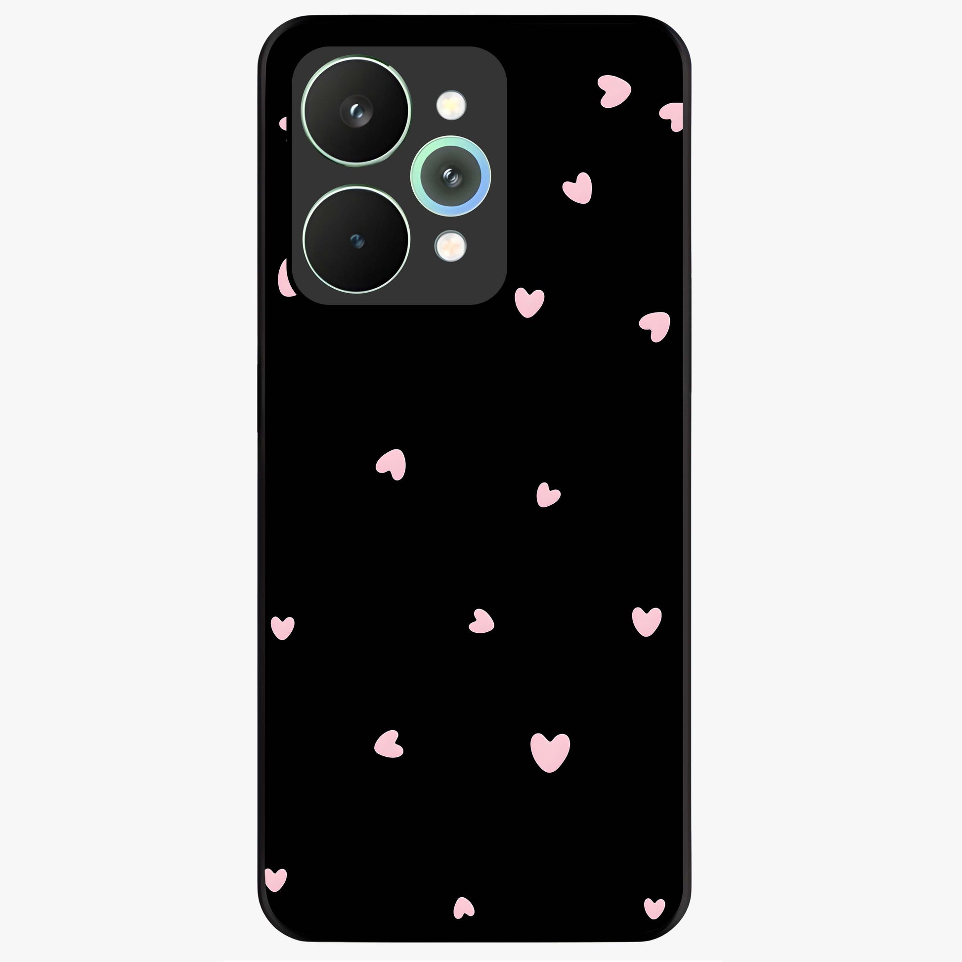 Pink Love Drops Glass Case showing flat back view with playful pink heart drops artwork and glossy glass finish.