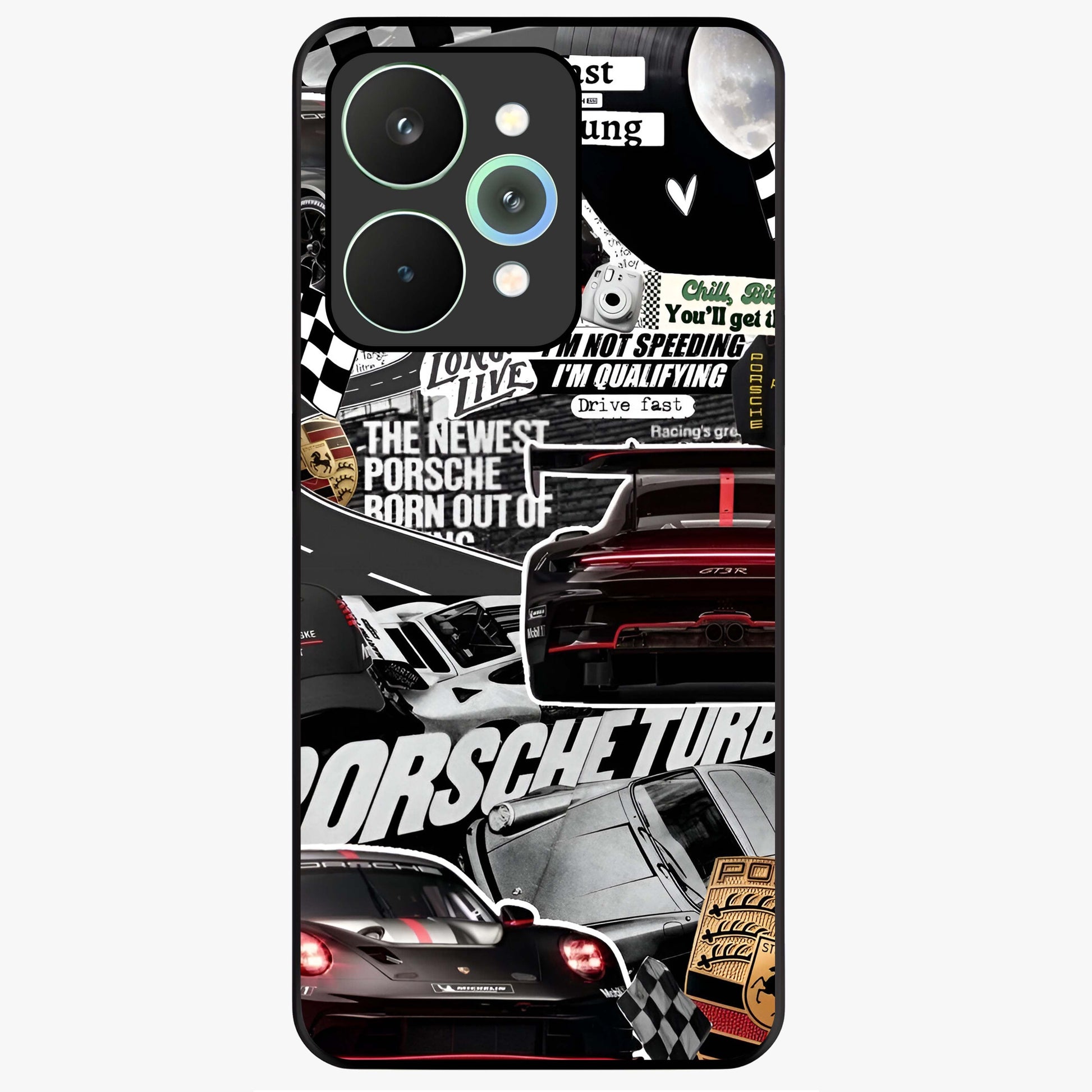 Porsche Racing Collage Glass Case showing flat back view with sports car racing collage artwork and glossy glass finish.