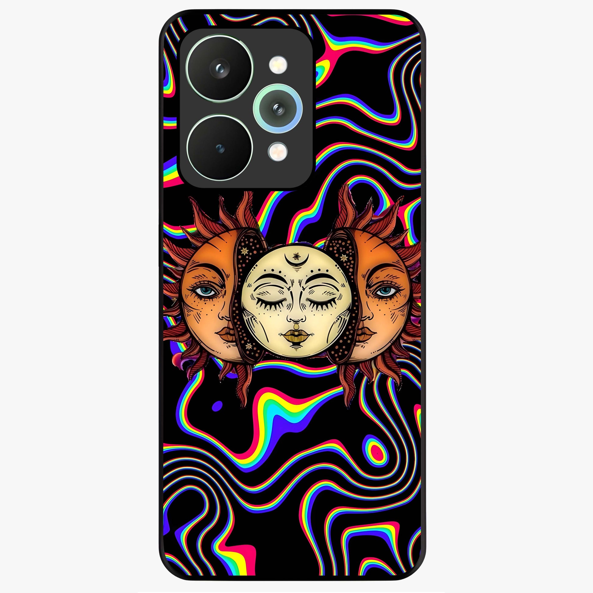 Psychedelic Sun Glass Case showing flat back view with colorful psychedelic sun artwork and glossy glass finish.