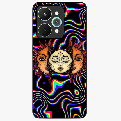 Psychedelic Sun Glass Case showing flat back view with colorful psychedelic sun artwork and glossy glass finish.