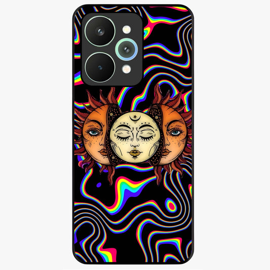 Psychedelic Sun Glass Case showing flat back view with colorful psychedelic sun artwork and glossy glass finish.