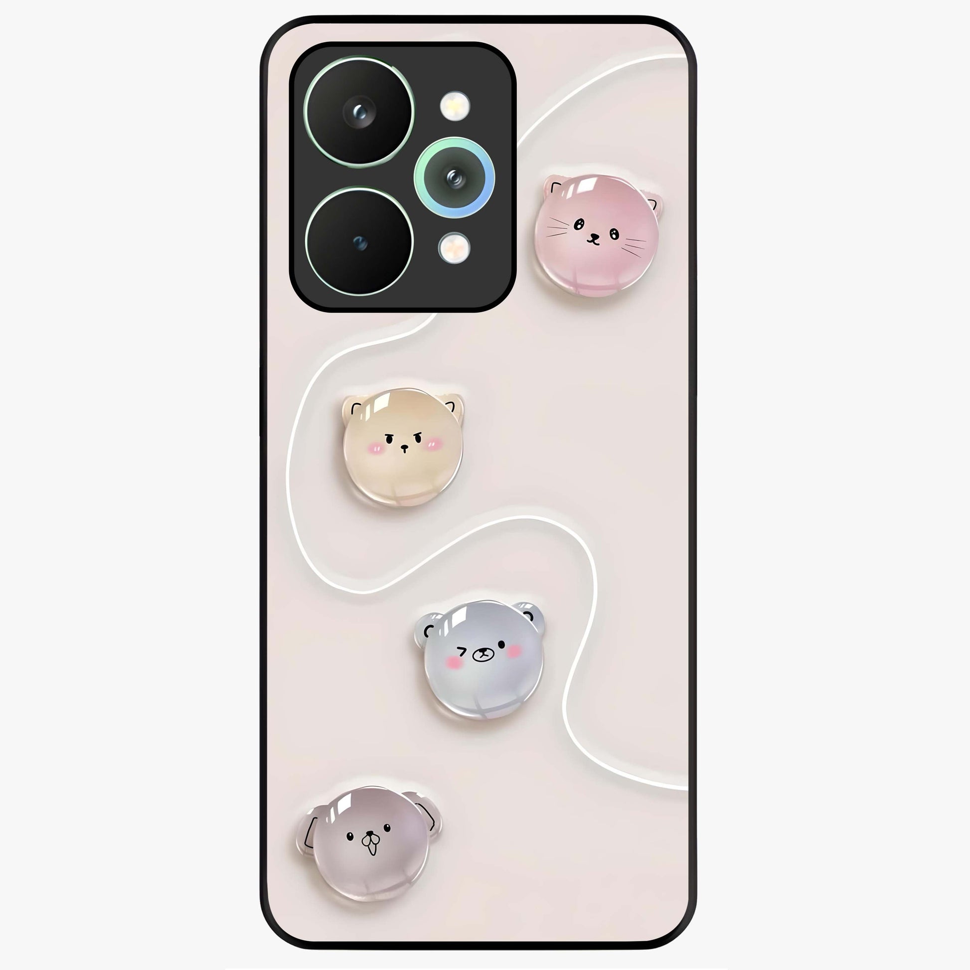 Puffy Face Parade Glass Case showing flat back view with cute puffy character faces artwork and glossy glass finish.