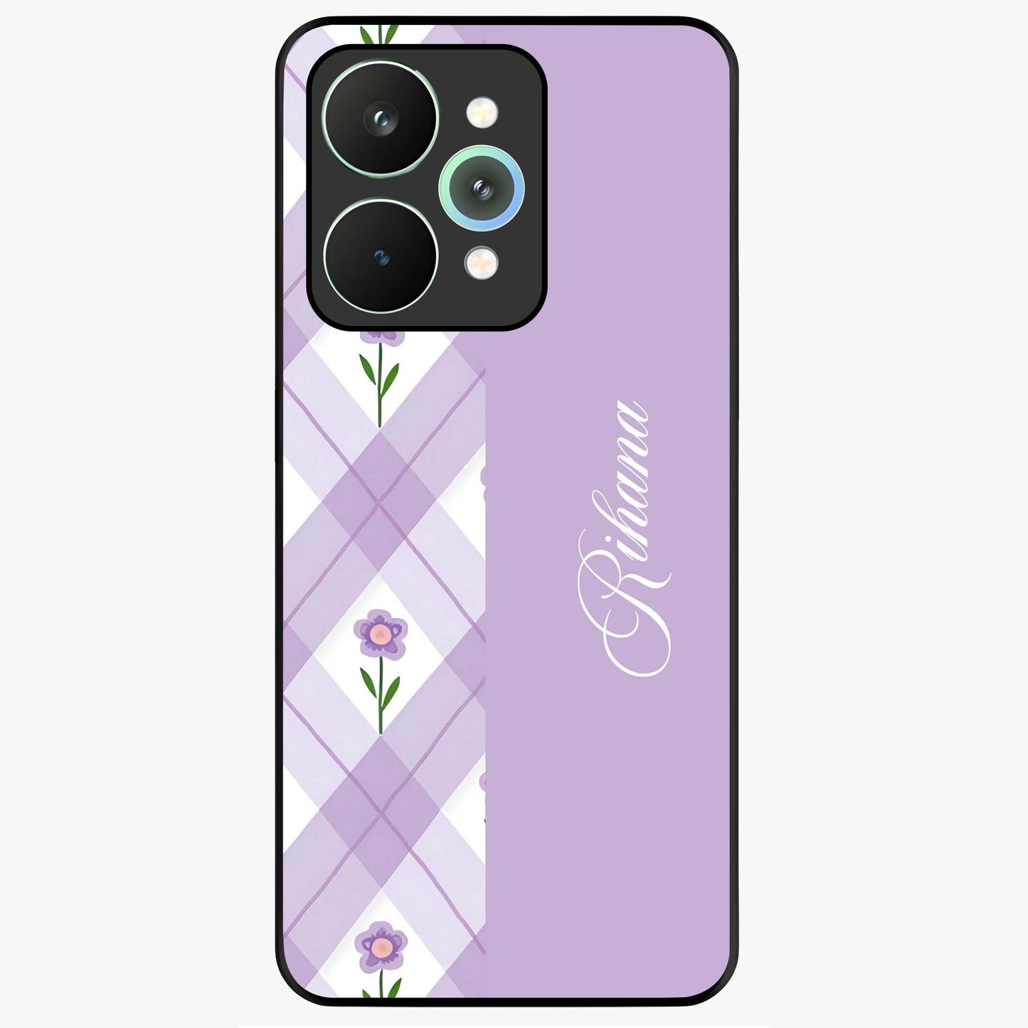 Purple Diamond Floral Glass Case showing flat back view with diamond shaped floral artwork and glossy glass finish.