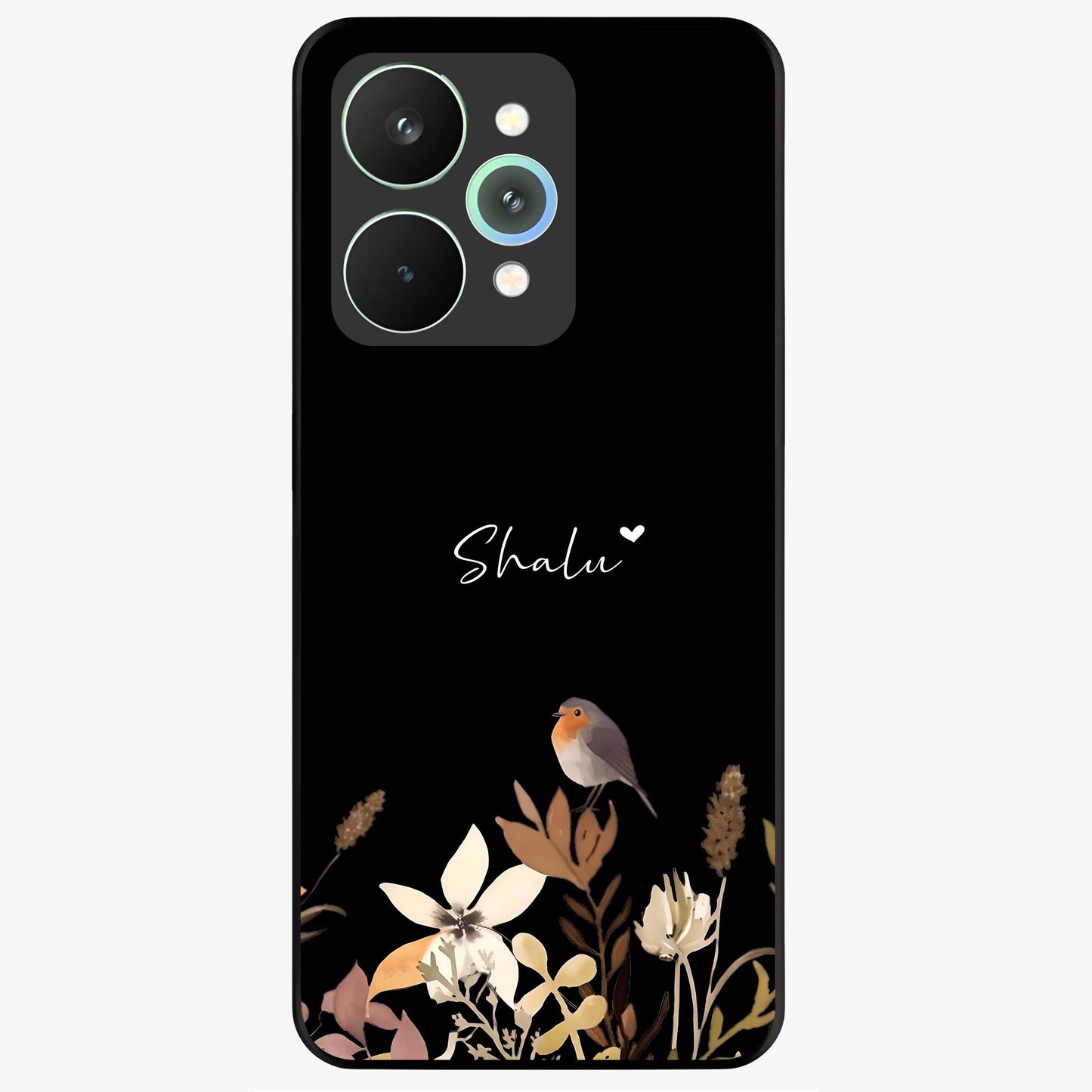 Quiet Garden Tune Custom Name Glass Case showing flat back view with peaceful garden artwork and personalized name design.