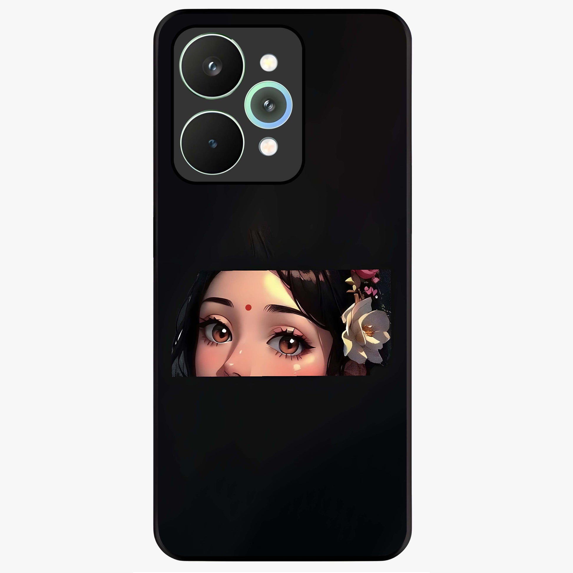 Radha Divine Embrace Glass Case showing flat back view with devotional Radha artwork and glossy glass finish.
