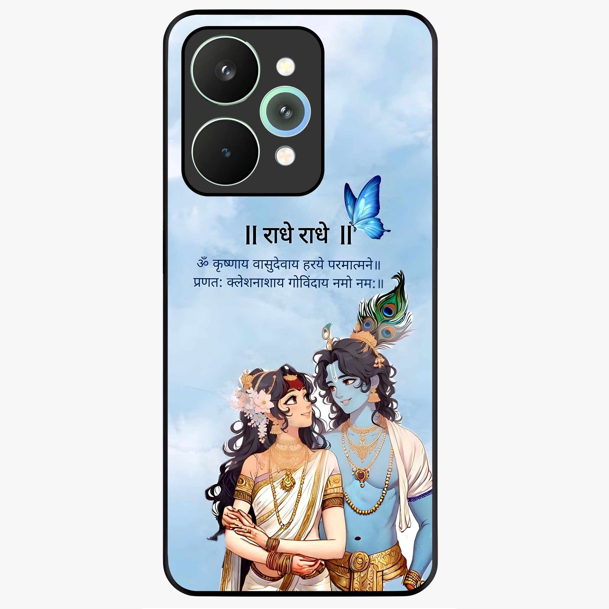 Radha Krishna Eternal Glass Case showing flat back view with Radha Krishna devotional artwork and glossy glass finish.