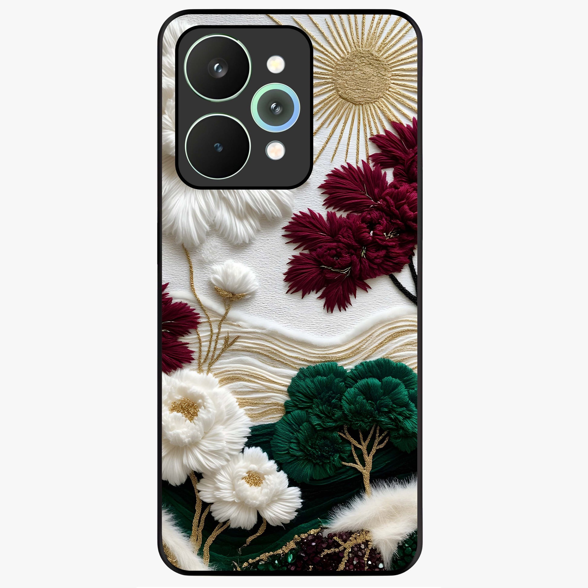 Radiant Bloom Elegance Glass Case showing flat back view with elegant blooming flower artwork and glossy glass finish.