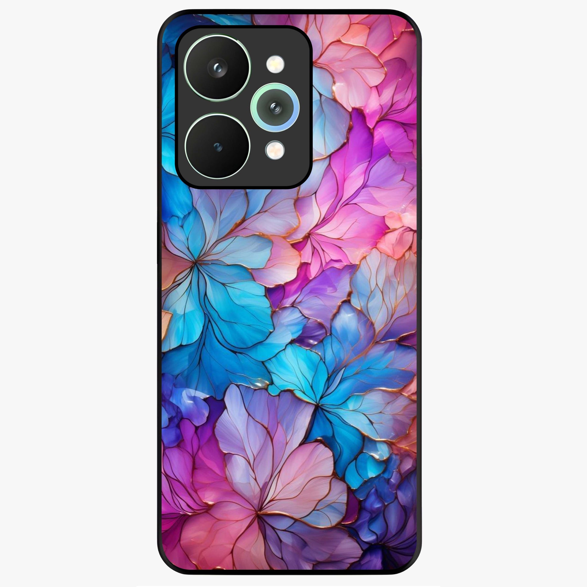 Radiant Floral Whirl Glass Case showing flat back view with swirling floral artwork and glossy glass finish.