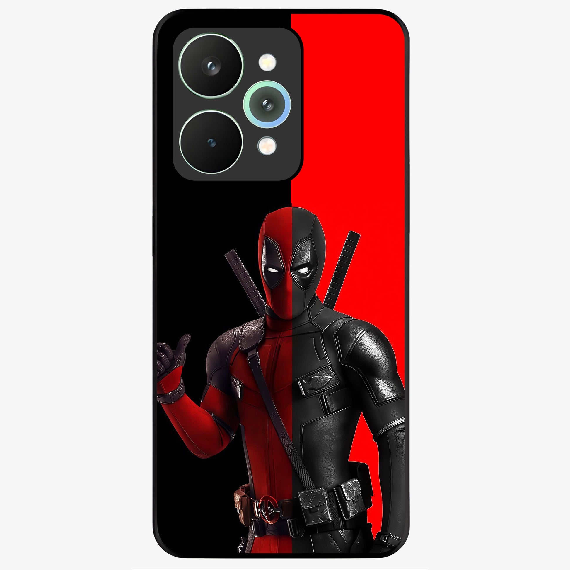 Red & Black Deadpool Theme Glass Case showing flat back view with bold comic inspired artwork and glossy glass finish.