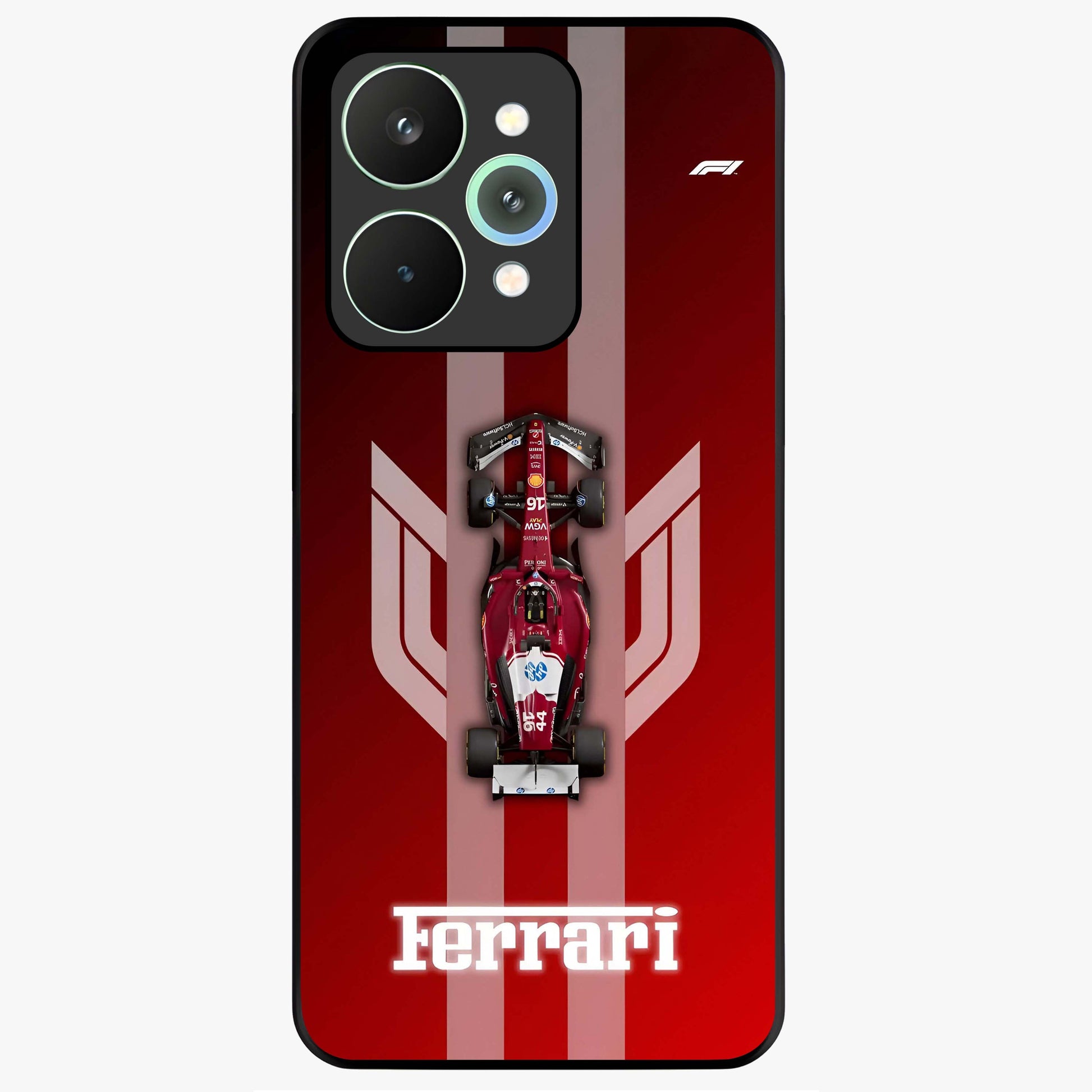 Red Ferrari F1 Vertical Glass Case showing flat back view with sleek Formula racing car artwork and glossy glass finish.