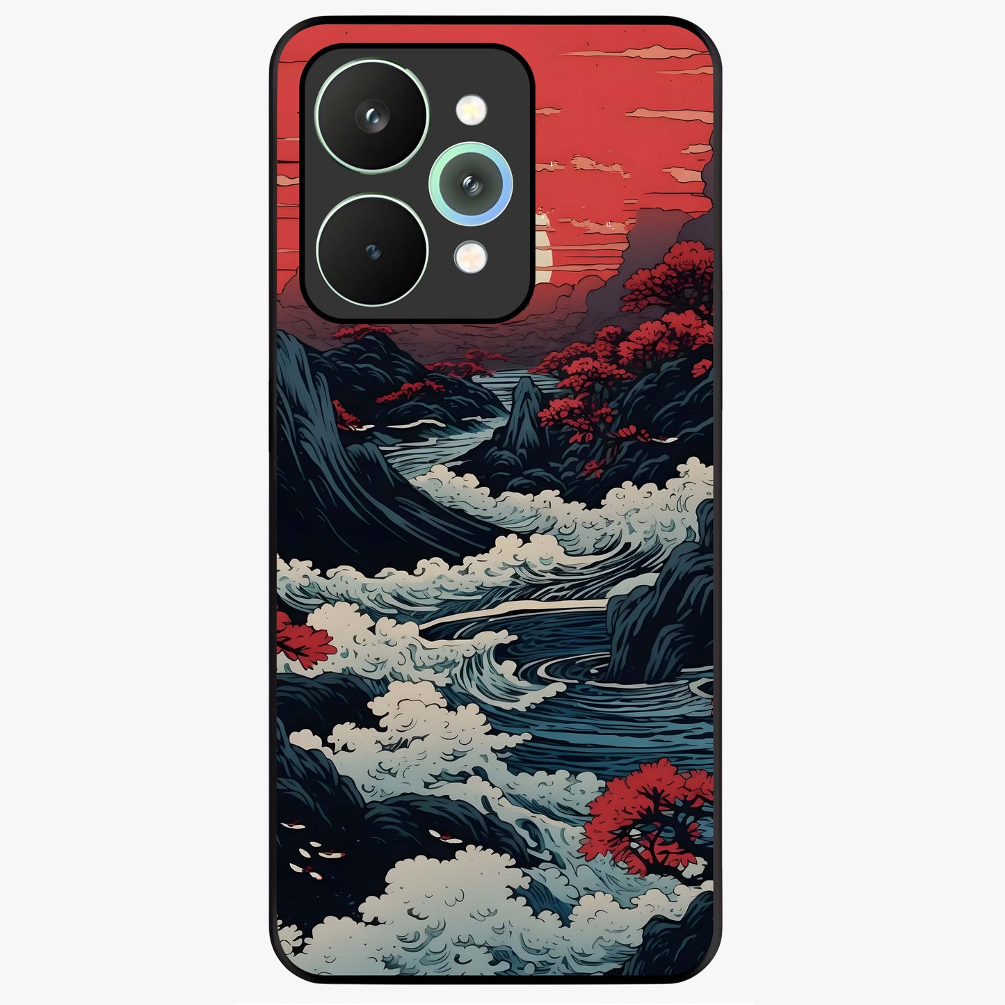 Red Sunset Scenery Glass Case showing flat back view with vibrant sunset landscape artwork and glossy glass finish.