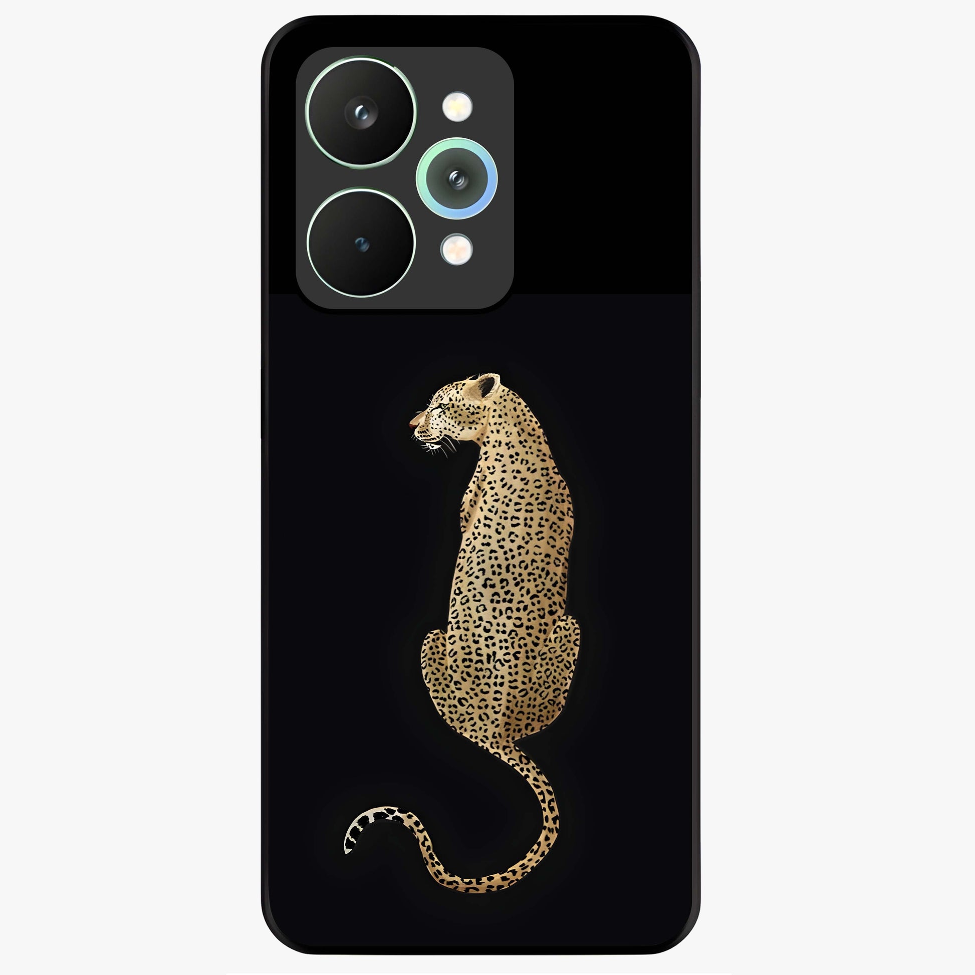 Regal Leopard Glass Case showing flat back view with bold leopard artwork and glossy glass finish.