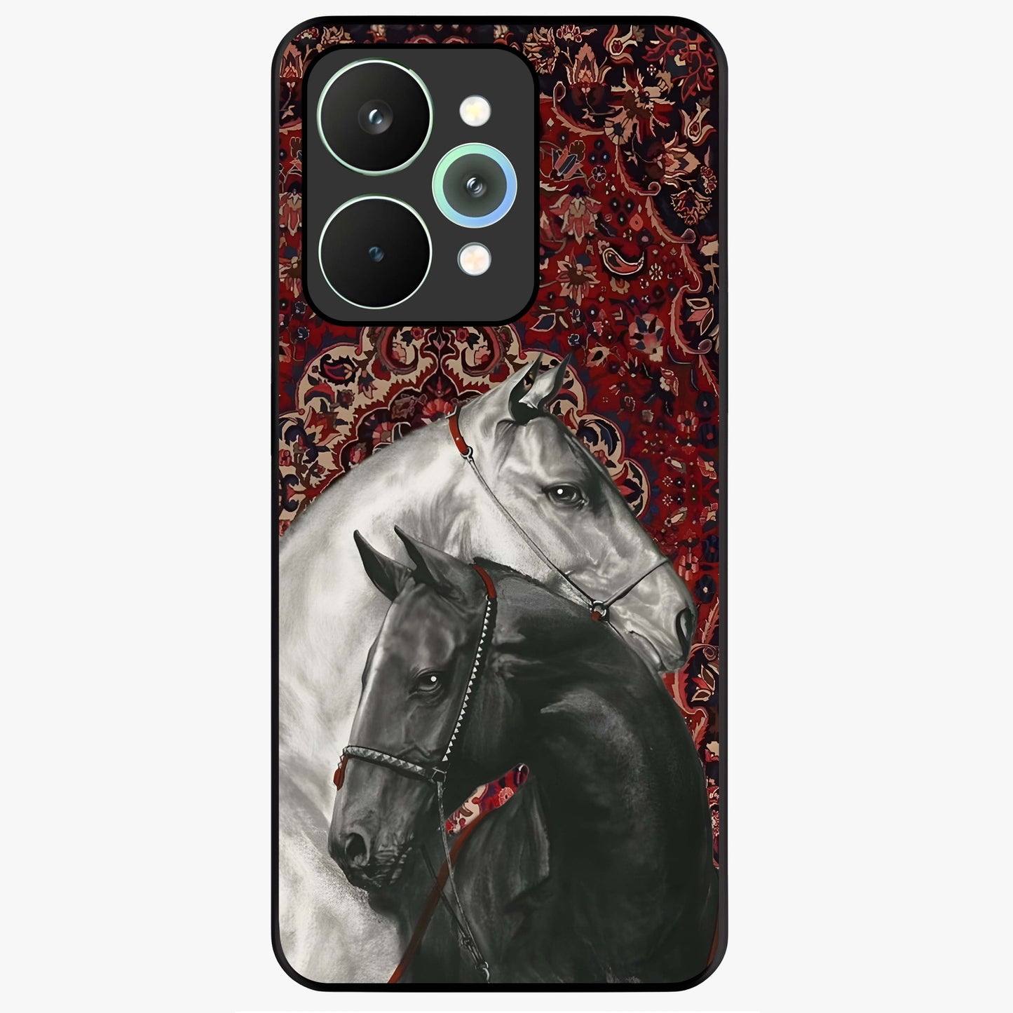 Regal Stallion Tapestry Glass Case showing flat back view with majestic horse tapestry artwork and glossy glass finish.