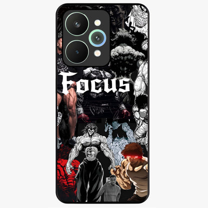 Relentless Power Focus Glass Case showing flat back view with motivational typography artwork and glossy glass finish.