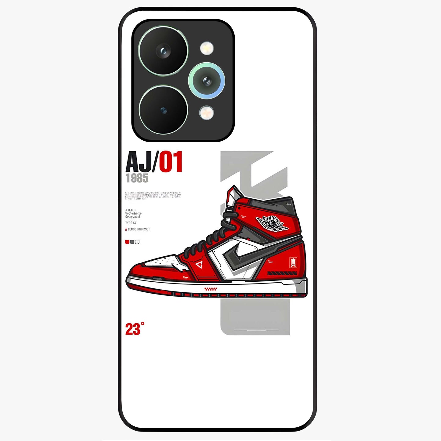 Retro Sneaker Blueprint Glass Case showing flat back view with sneaker blueprint style artwork and glossy glass finish.