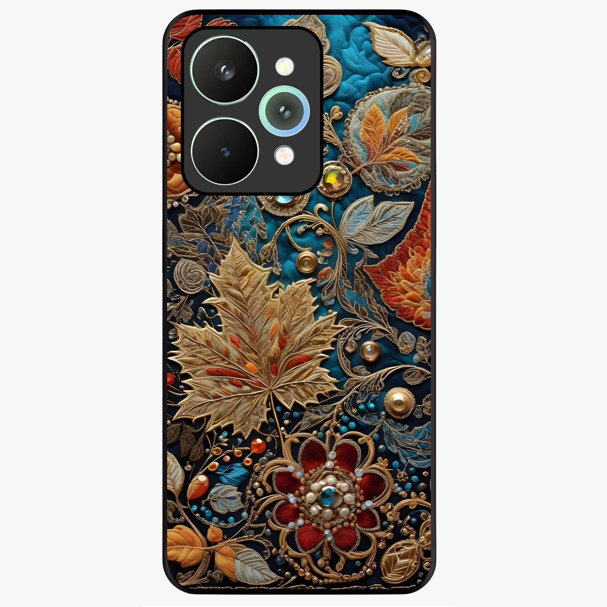Royal Jewel Garden Glass Case showing flat back view with decorative floral garden artwork and glossy glass finish.