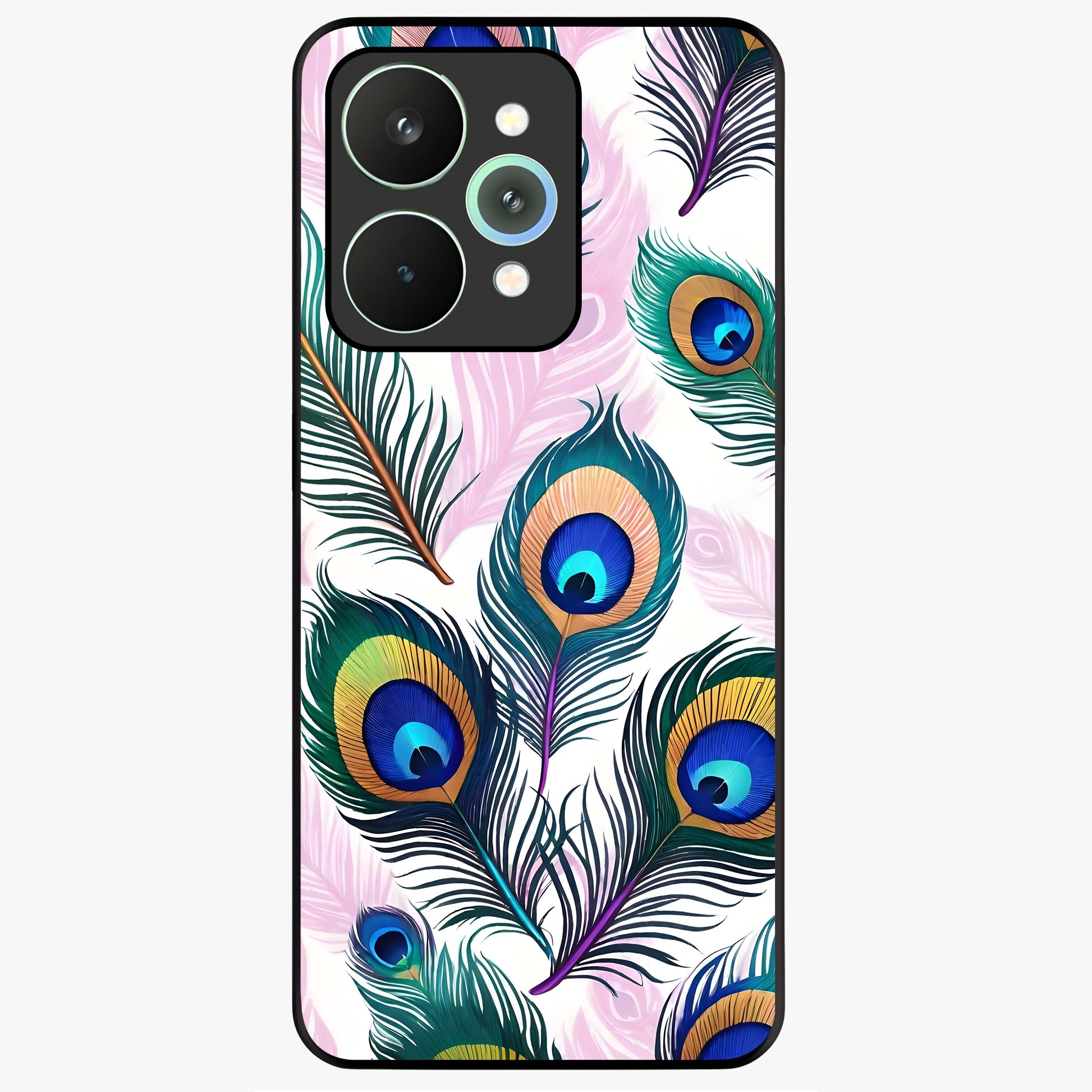 Royal Peacock Feathers Glass Case showing flat back view with colorful peacock feather artwork and glossy glass finish.