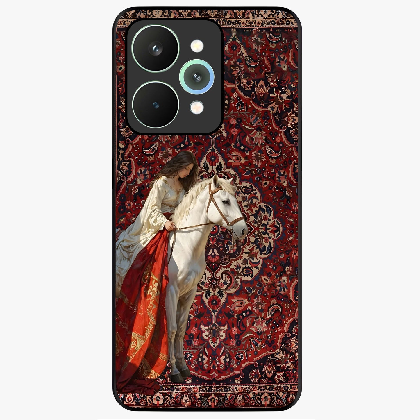 Royal Rider Tapestry Glass Case showing flat back view with majestic horse rider tapestry artwork and glossy glass finish.