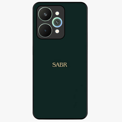 Sabr Minimal Patience Glass Case showing flat back view with minimalist typography artwork and glossy glass finish.