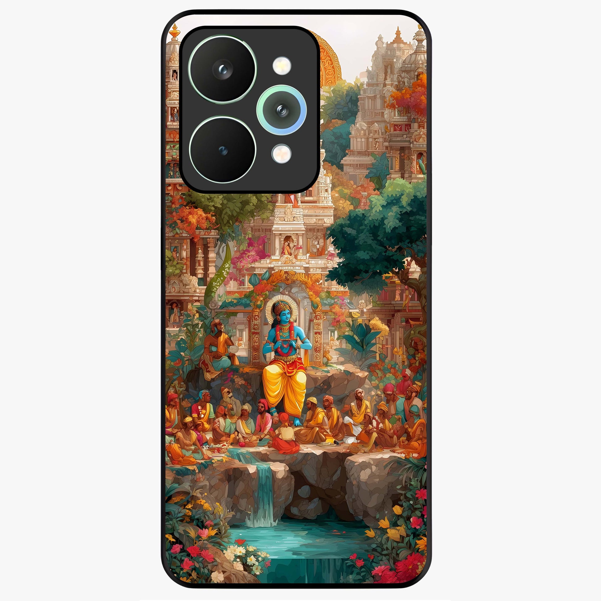 Sacred Sunlight Gods Glass Case showing flat back view with divine sunlight themed artwork and glossy glass finish.