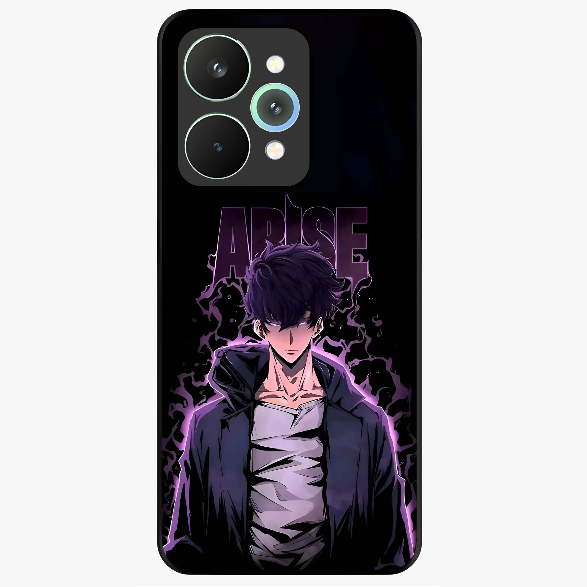 Shadow Monarch Awakening Glass Case showing flat back view with powerful dark monarch themed artwork and glossy glass finish.
