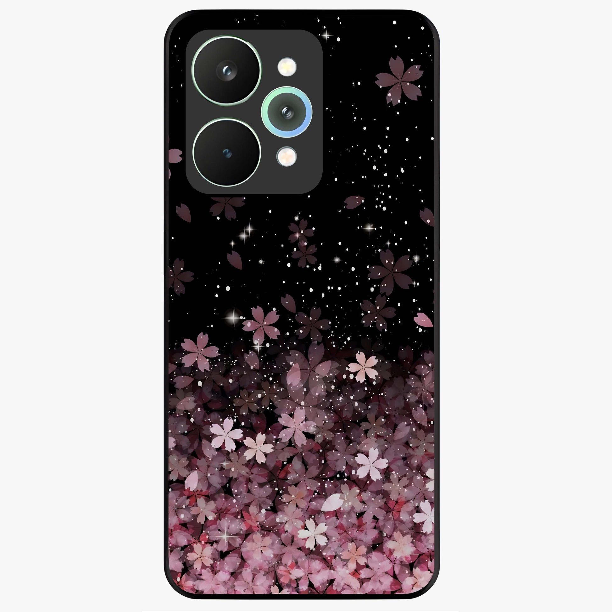Small Starry Flowers Glass Case showing flat back view with delicate starry floral artwork and glossy glass finish.