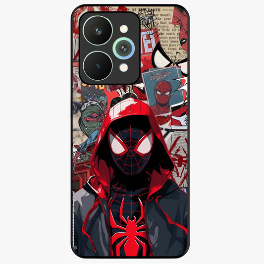 Spider Collage Street Glass Case showing flat back view with vibrant superhero collage artwork and glossy glass finish.
