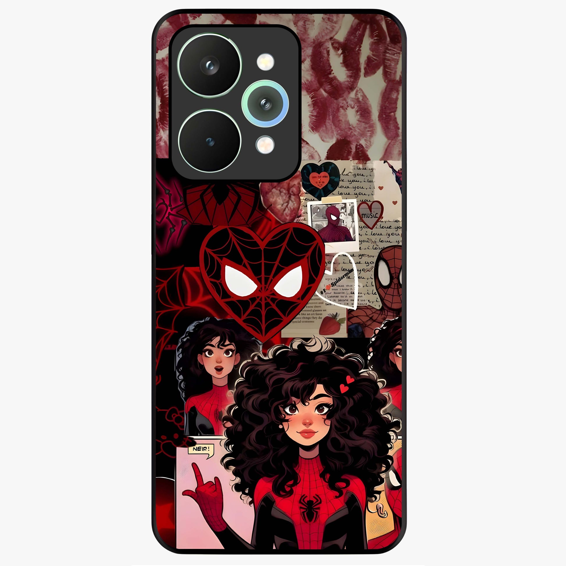 Spider Love Story Glass Case showing flat back view with romantic superhero themed artwork and glossy glass finish.
