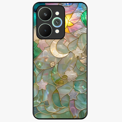 Stained Sunrise Glow Glass Case showing flat back view with glowing sunrise stained pattern artwork and glossy glass finish.