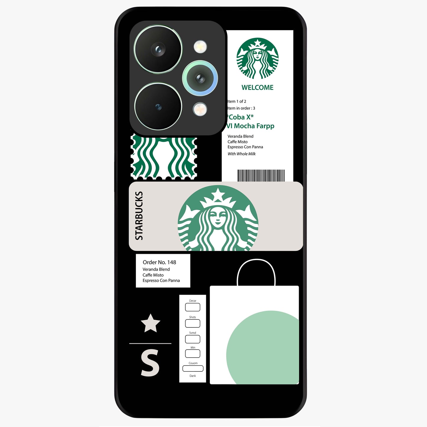 Starbucks Mocha Glass Case showing flat back view with coffee inspired artwork and glossy glass finish.