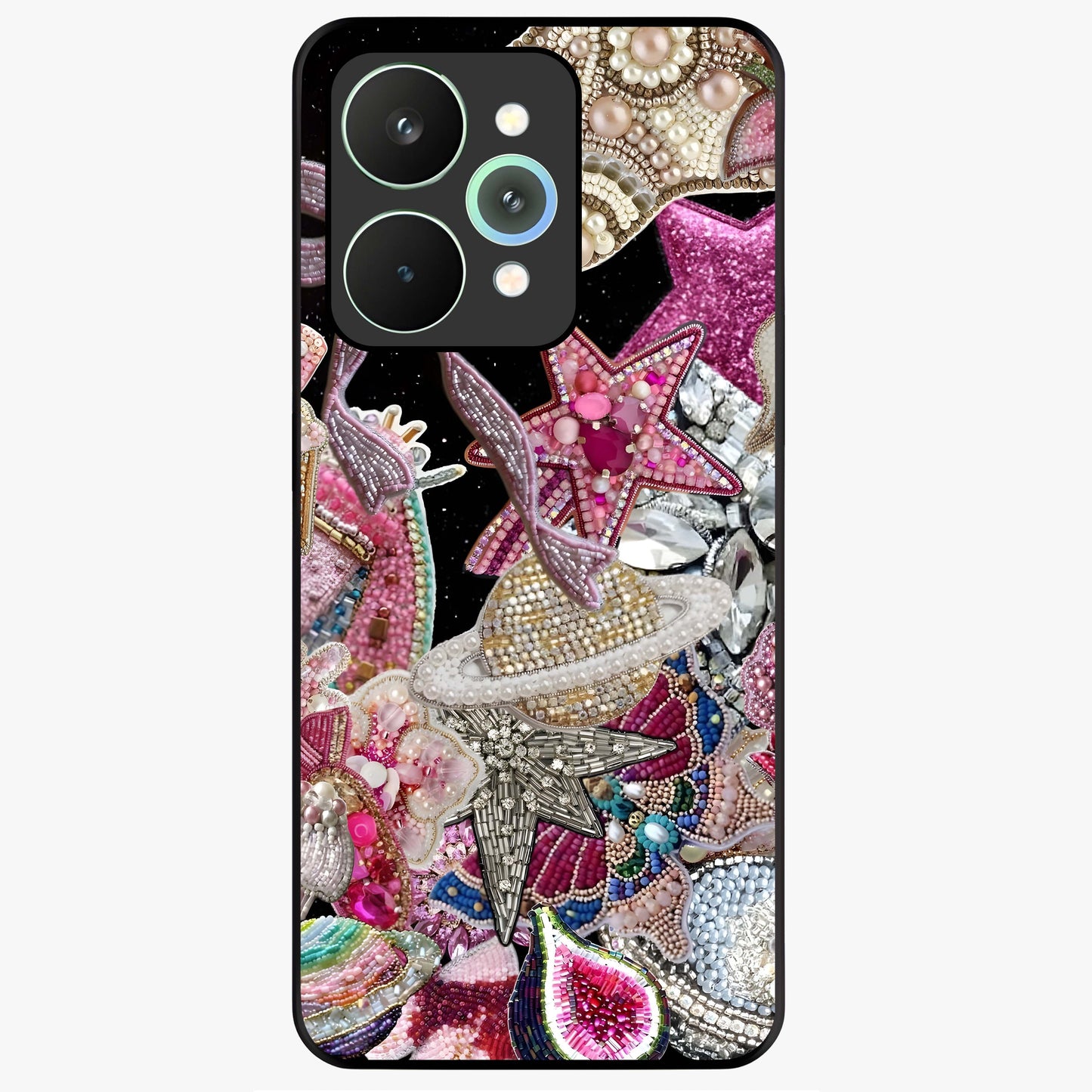 Starlit Jewel Dream Glass Case showing flat back view with sparkling jewel and star themed artwork and glossy glass finish.