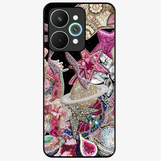 Starlit Jewel Dream Glass Case showing flat back view with sparkling jewel and star themed artwork and glossy glass finish.