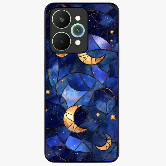 Starlit Sky Tapestry Glass Case showing flat back view with decorative starry sky tapestry artwork and glossy glass finish.