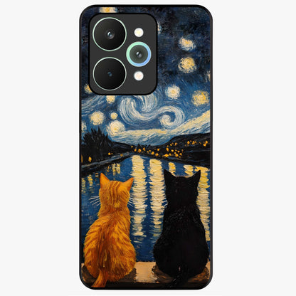 Starry River Cats Glass Case showing flat back view with cats by a starry river artwork and glossy glass finish.
