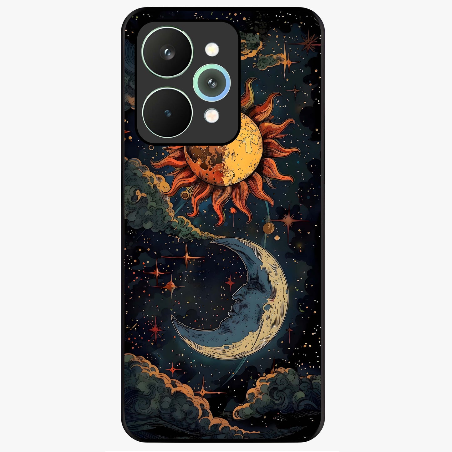 Sun And Moon Magic Design Glass Case showing flat back view with mystical sun and moon artwork and glossy glass finish.