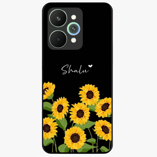 Sunflower Chic Mood Custom Name Glass Case showing flat back view with stylish sunflower artwork and personalized name design.