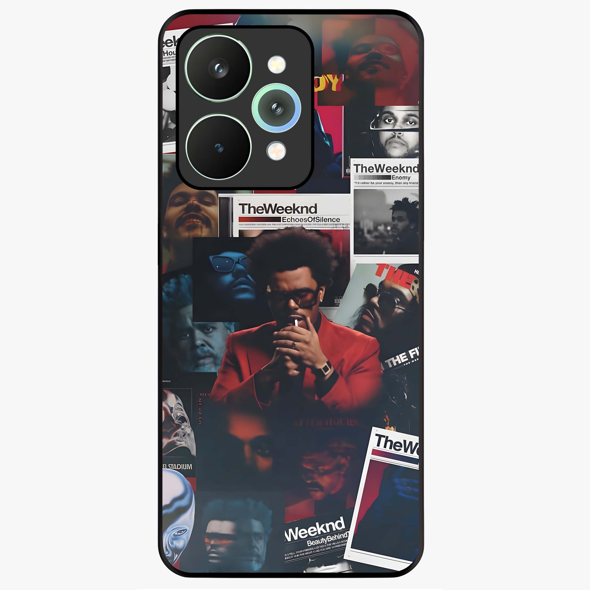 The Weeknd Glass Case showing flat back view with music inspired artistic portrait artwork and glossy glass finish.