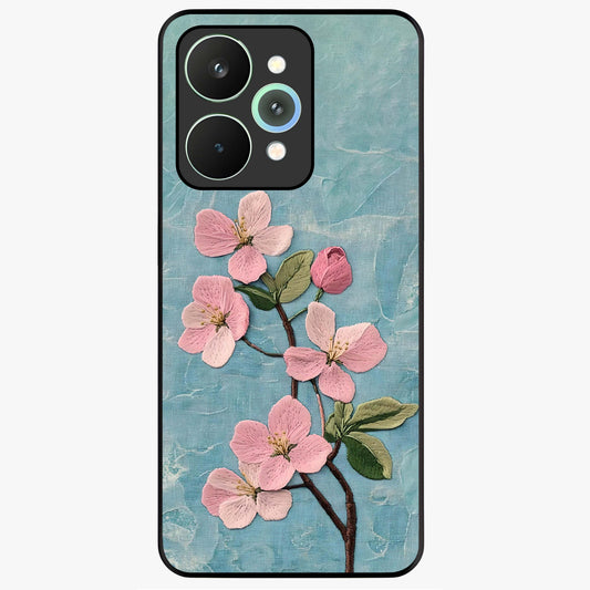 Threaded Blossom Breeze Glass Case showing flat back view with delicate blossom artwork and glossy glass finish.